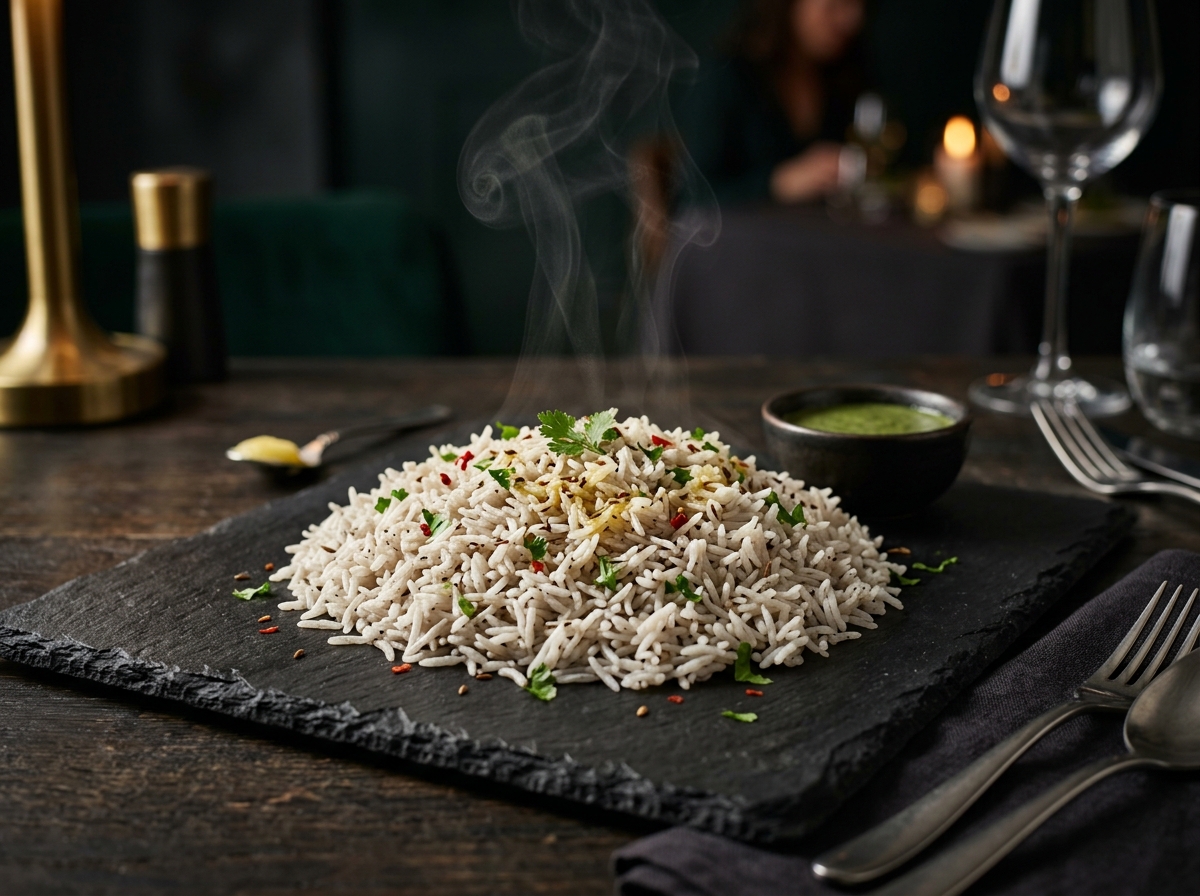 Cooked Kala Namak Rice Fine Dining Presentation